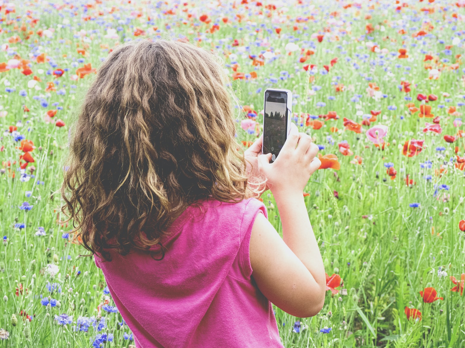 girl taking pictures of flowers on a phone